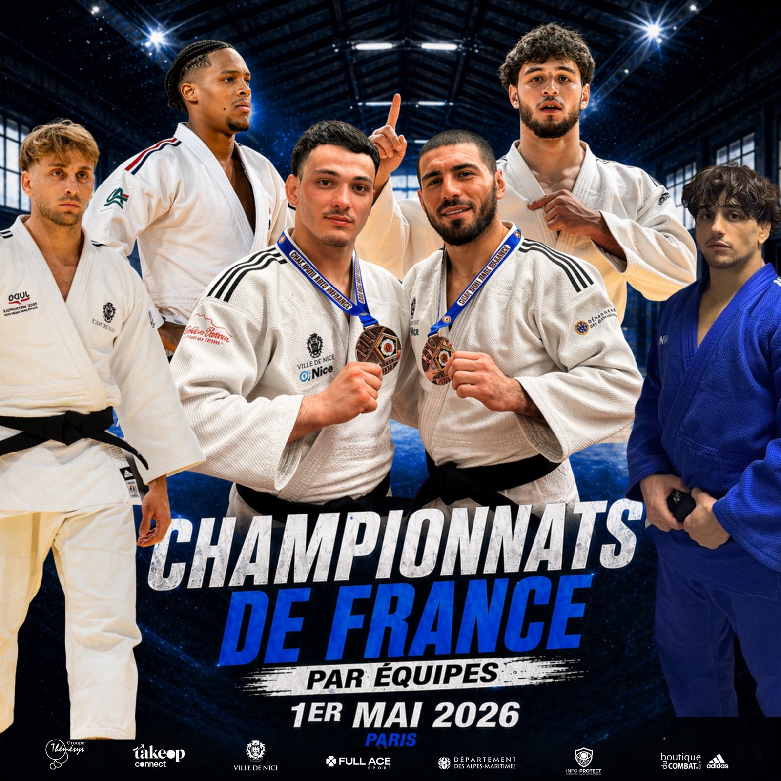 Affiche Olympic Judo Nice pour les championnats de France par équipes du 1er mai 2026, portraits des athlètes sur fond bleu.